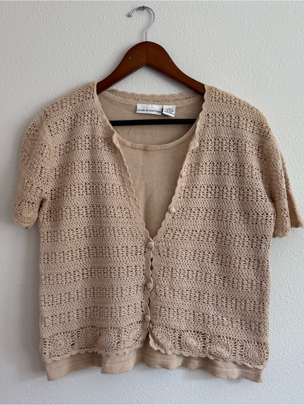 croft & barrow Beige Crochet Knit Short Sleeve Cardigan